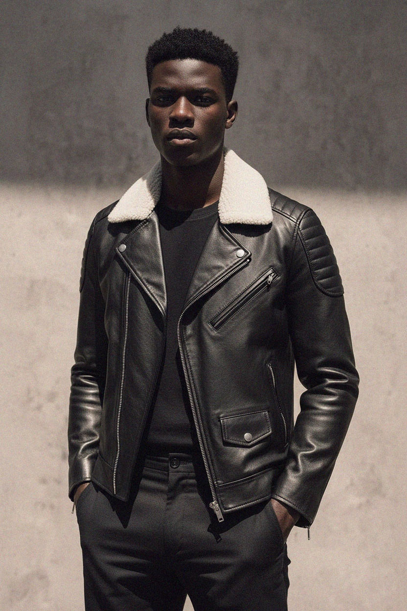 Stylowa czarna skórzana kurtka z kołnierzem Sherpa zdjęcie 2