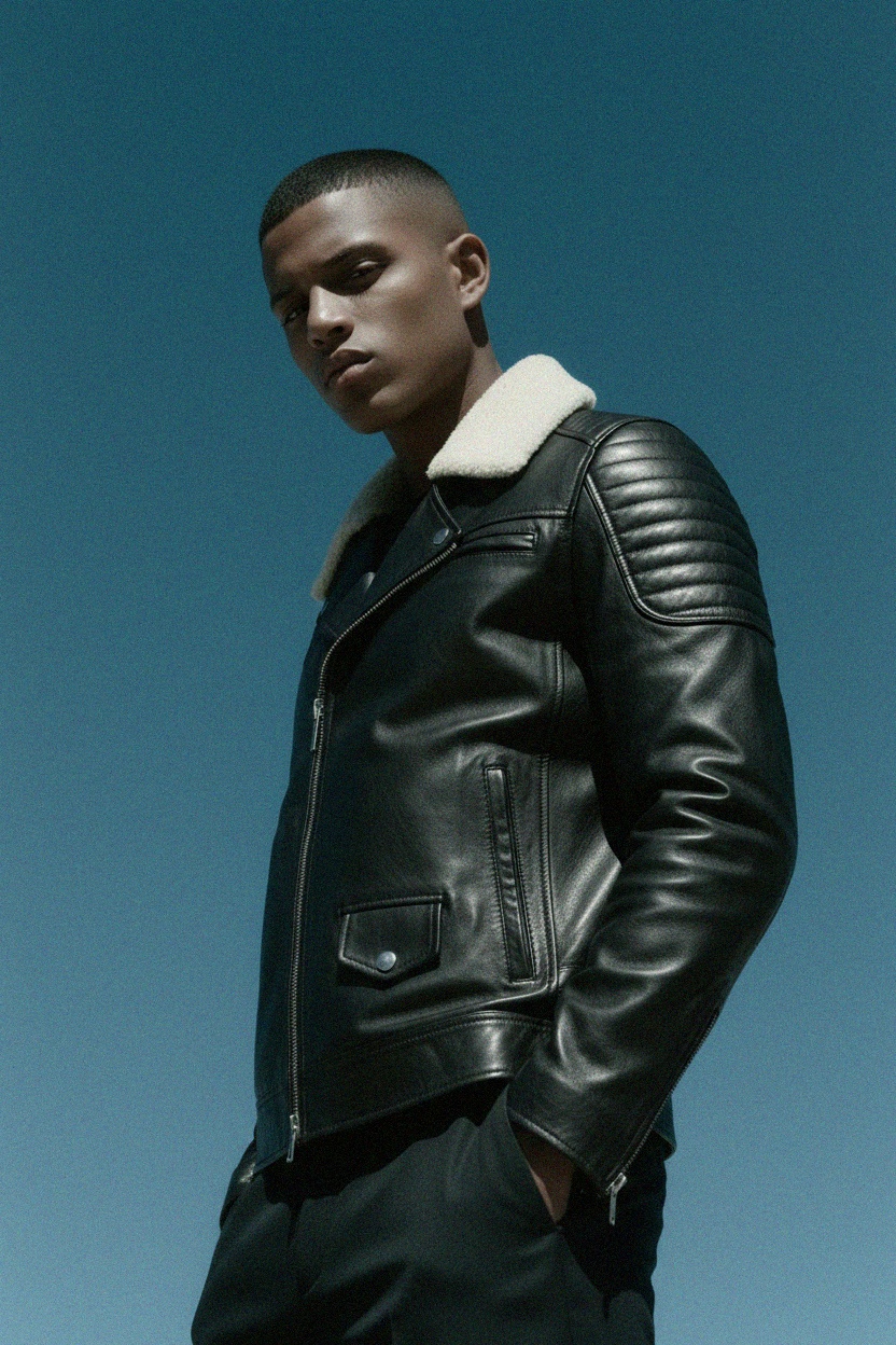 Stylowa czarna skórzana kurtka z kołnierzem Sherpa zdjęcie 3