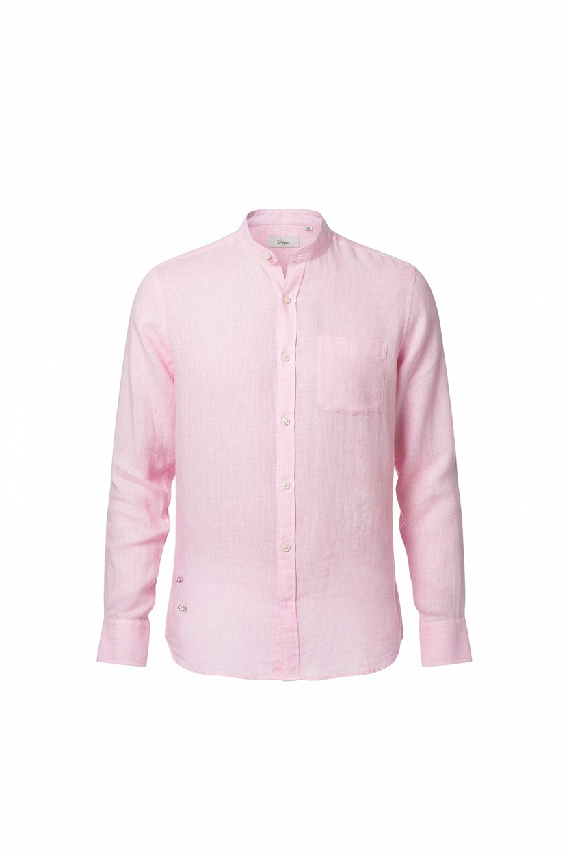 Pink Band Collar Linen Blend Long Sleeve Shirt zdjęcie 1