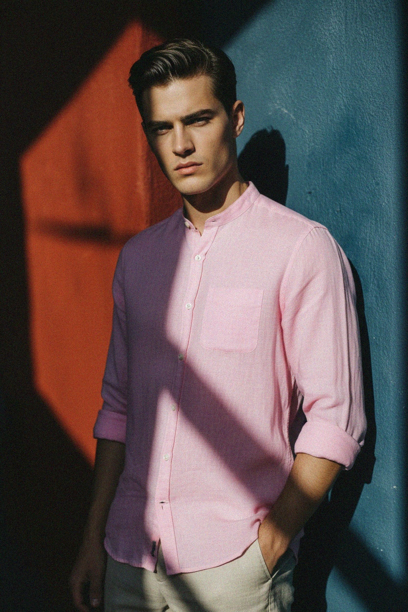 Koszula z długim rękawem z różowego kołnierzyka z mieszanki lnu zdjęcie 3