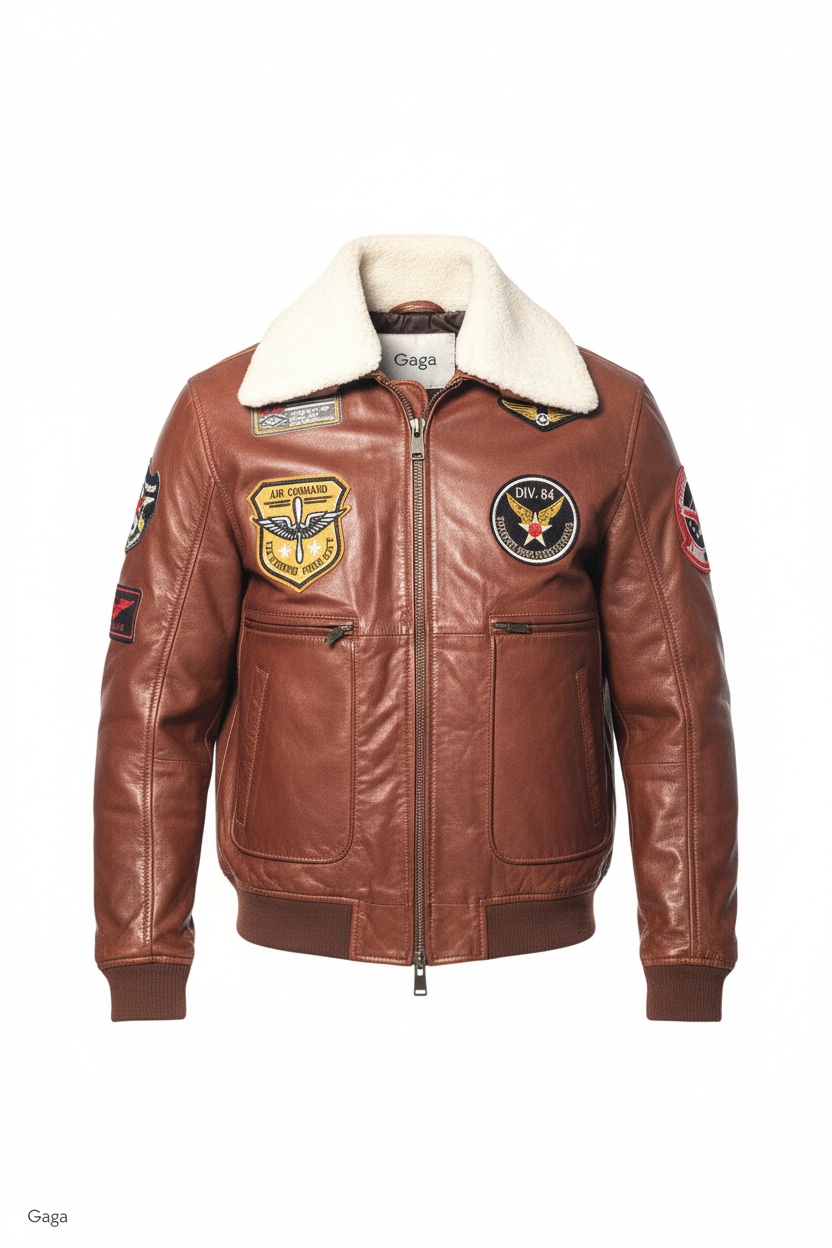 Brown Leather Aviator Jacket with Shearling Collar zdjęcie 1
