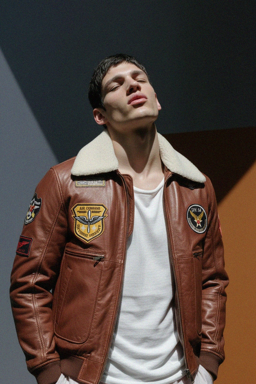 Brown Leather Aviator Jacket with Shearling Collar zdjęcie 2