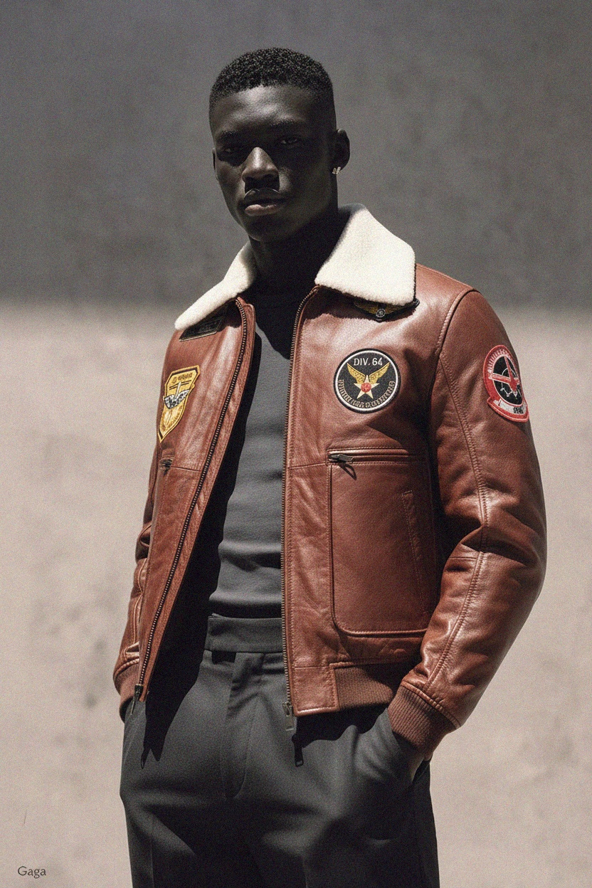 Brązowa skórzana kurtka pilotka z kołnierzem z owczej skóry zdjęcie 3