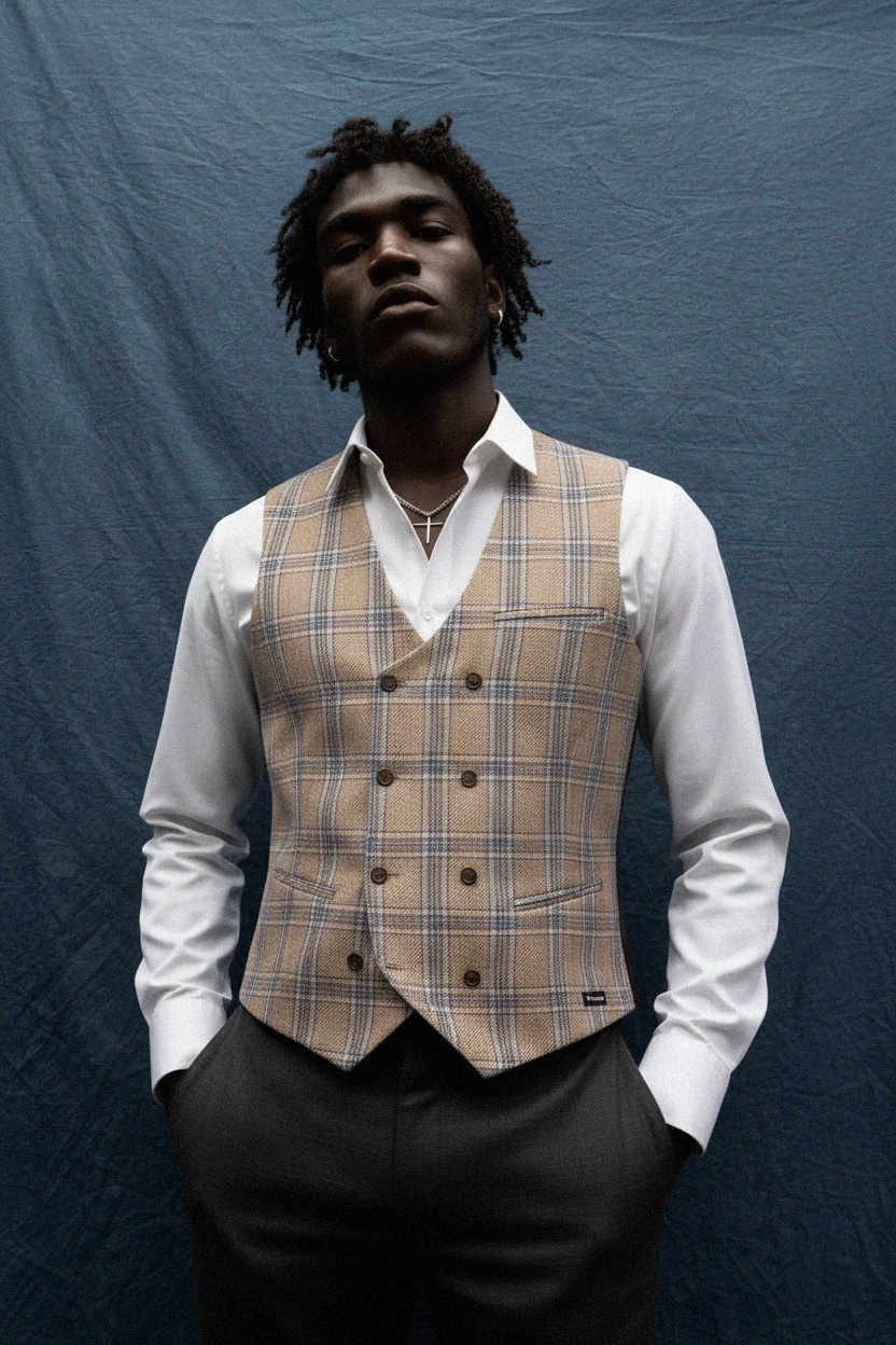 Klasyczna dwurzędowa kamizelka w kratę zdjęcie 3