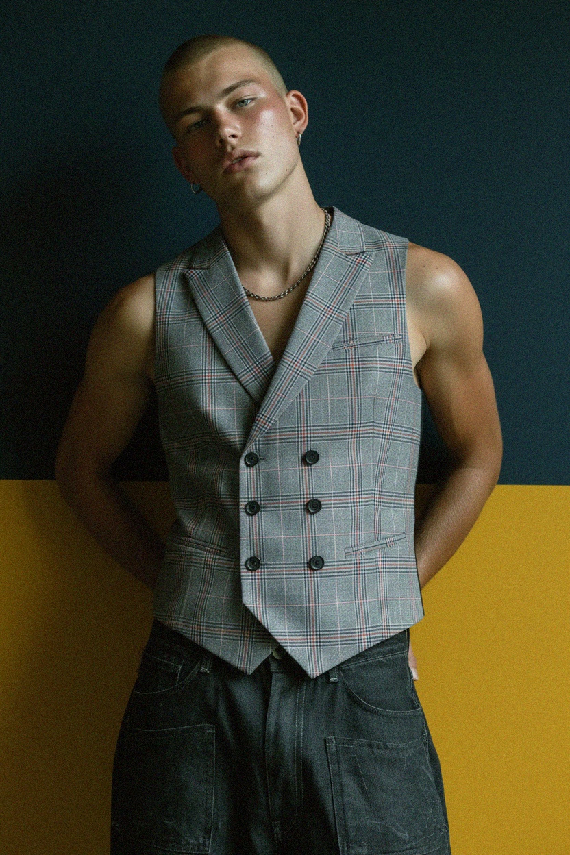 Kraciasta kamizelka dwurzędowa zdjęcie 3