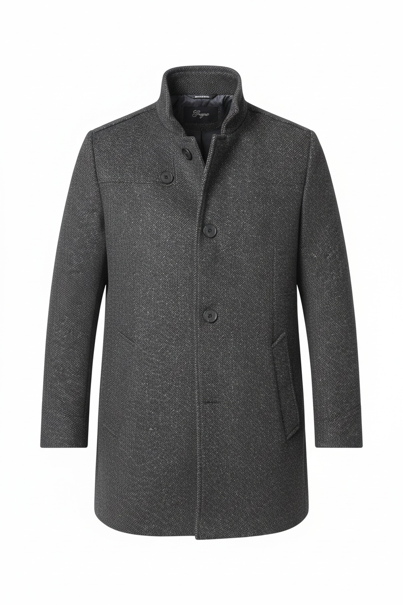 Textured Grey Button-Front Stand Collar Coat zdjęcie 1