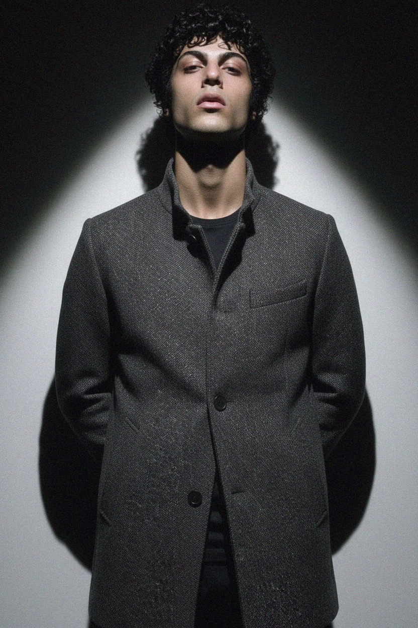 Płaszcz w kolorze szarym z teksturą i stójką zapinaną z przodu na guziki zdjęcie 2