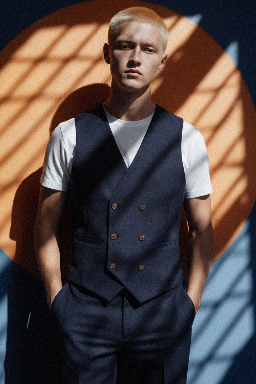 Dopasowana niebieska kamizelka dwurzędowa zdjęcie 2