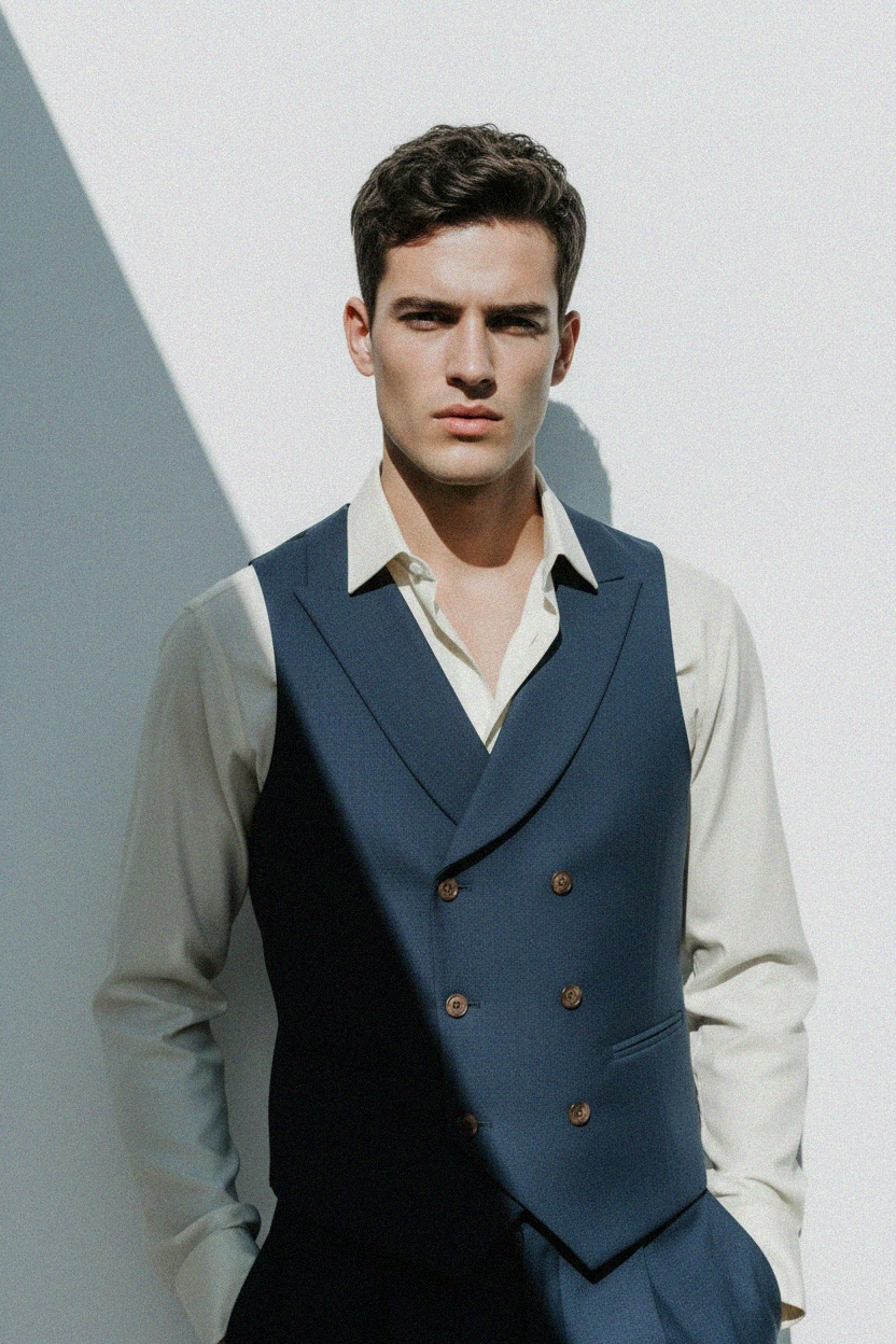 Dopasowana niebieska kamizelka dwurzędowa zdjęcie 3