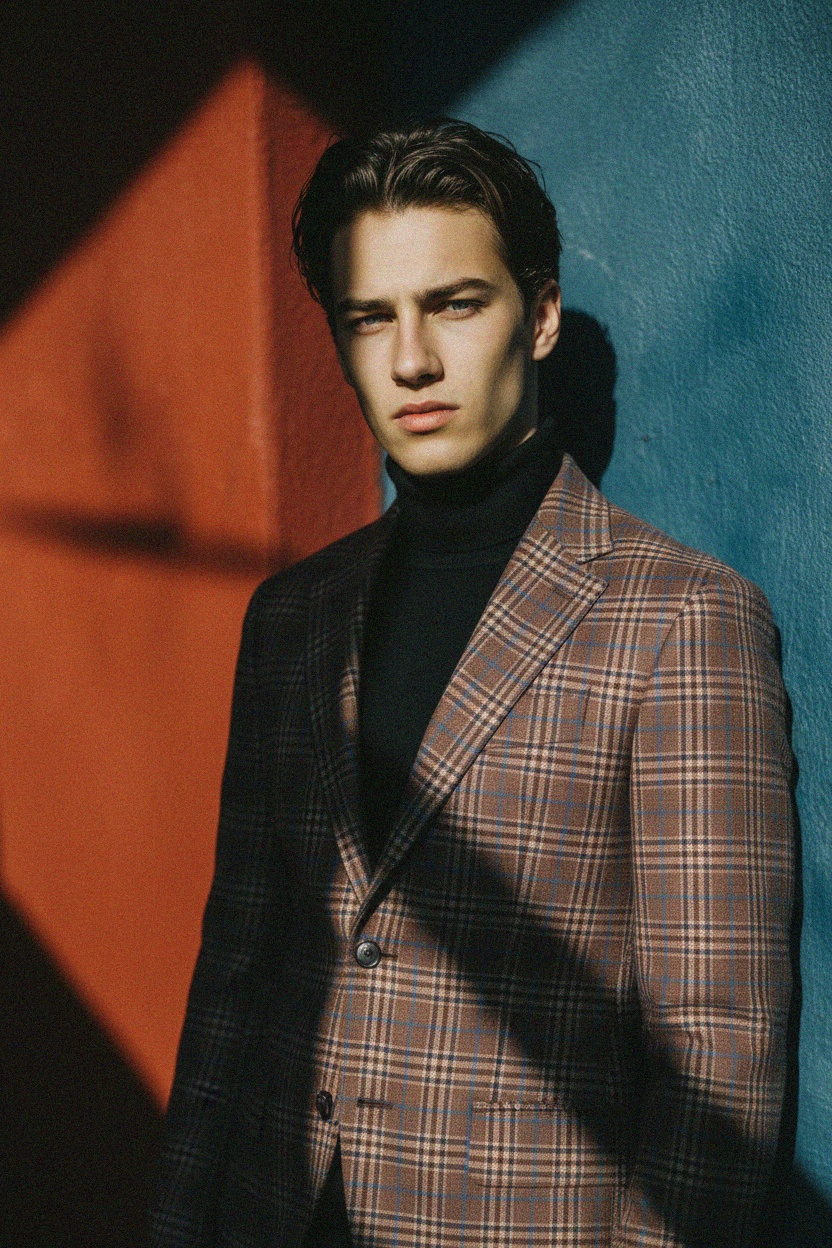 Marynarka w kratę z wzorem w kolorze niebiesko-brązowym zdjęcie 3