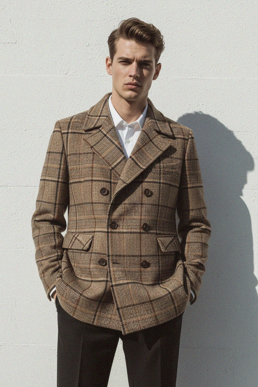 Klasyczny dwurzędowy płaszcz w kratę zdjęcie 3