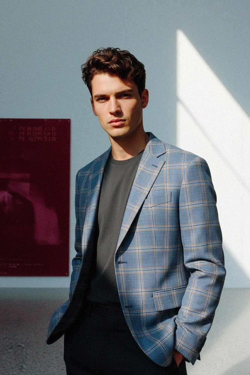 Niebieska marynarka w kratę do wszechstronnych stylizacji zdjęcie 3