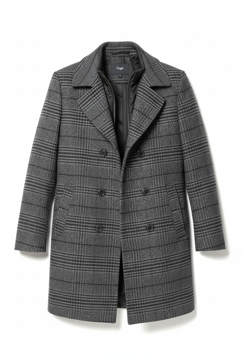 Grey Plaid Double-Breasted Coat zdjęcie 1