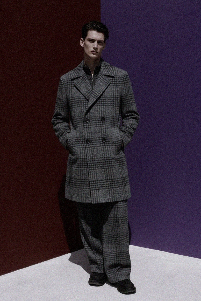 Grey Plaid Double-Breasted Coat zdjęcie 2