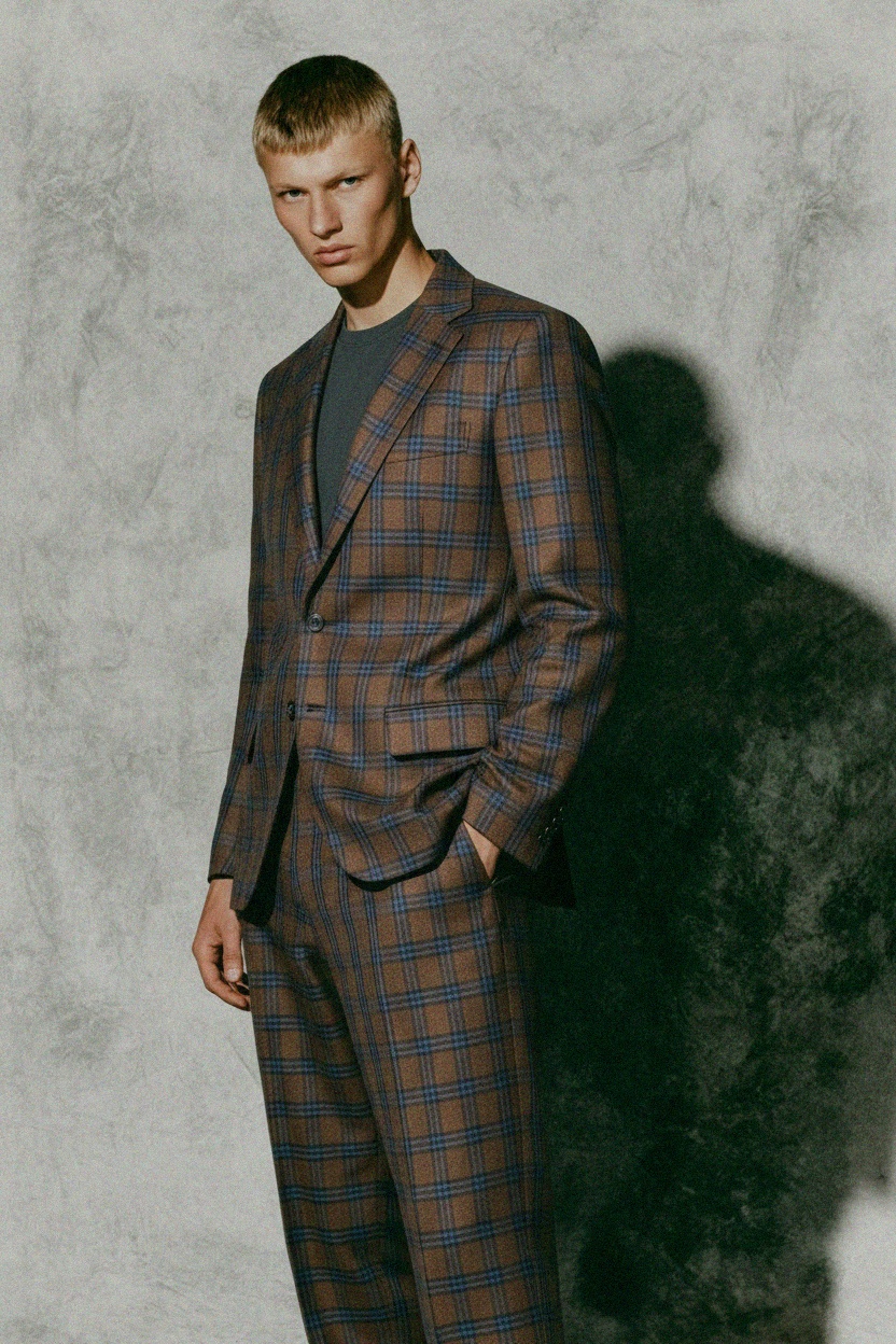 Tailored Brown Plaid Blazer with Blue Grid zdjęcie 2