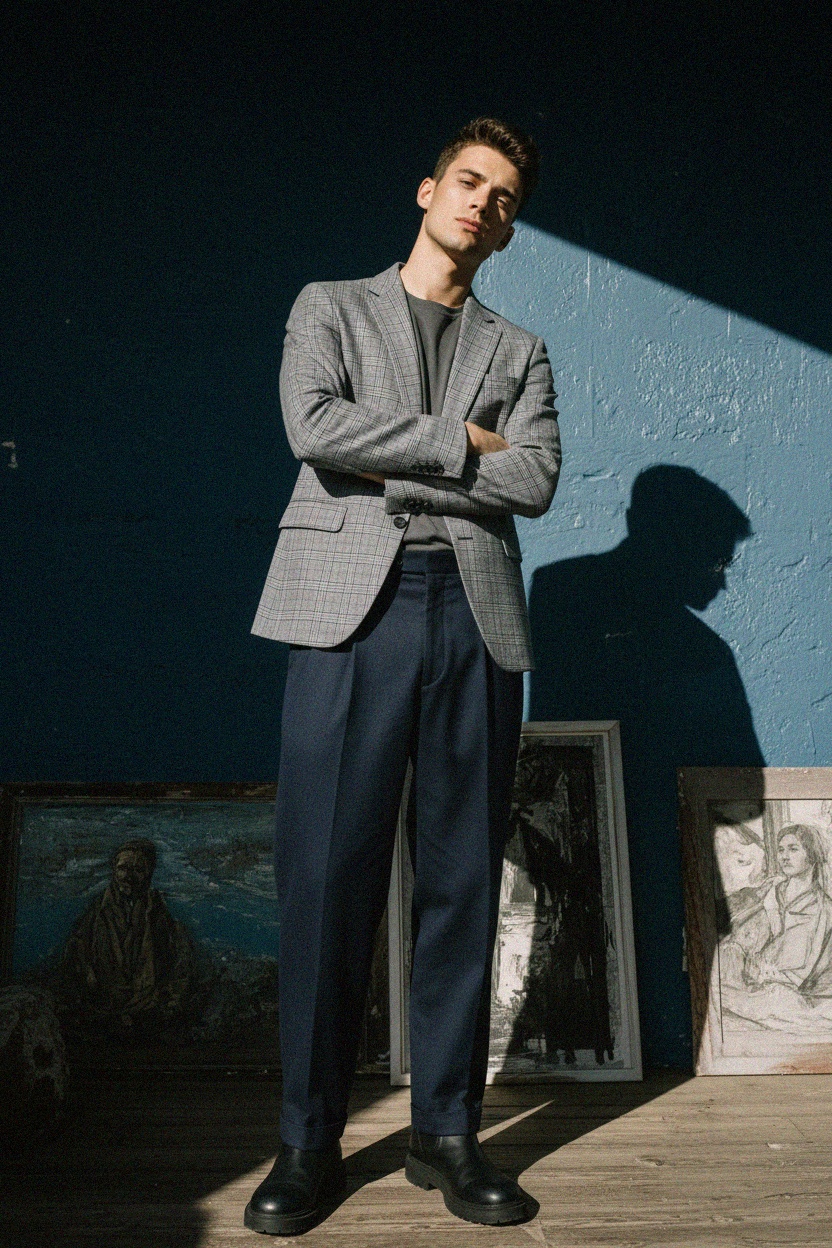 Stylish Grey Plaid Blazer zdjęcie 2