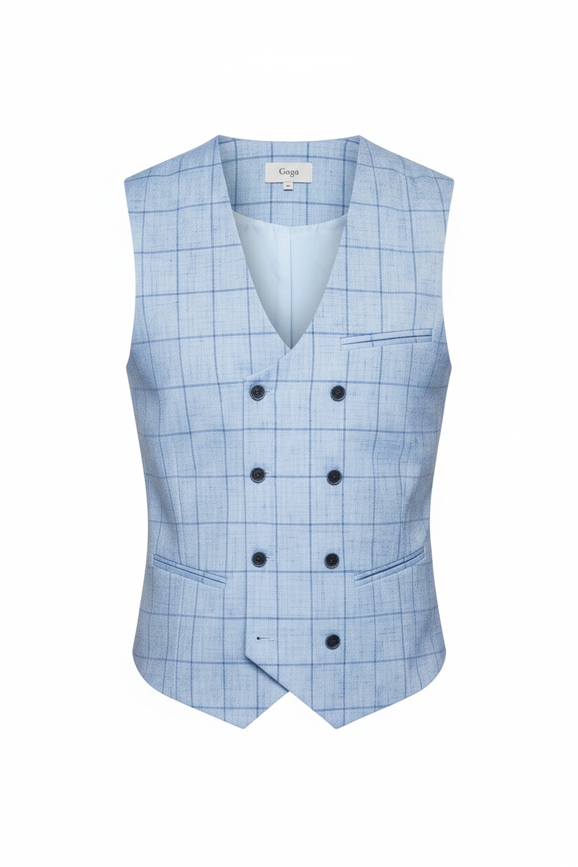 Blue Plaid Double-Breasted Vest zdjęcie 1