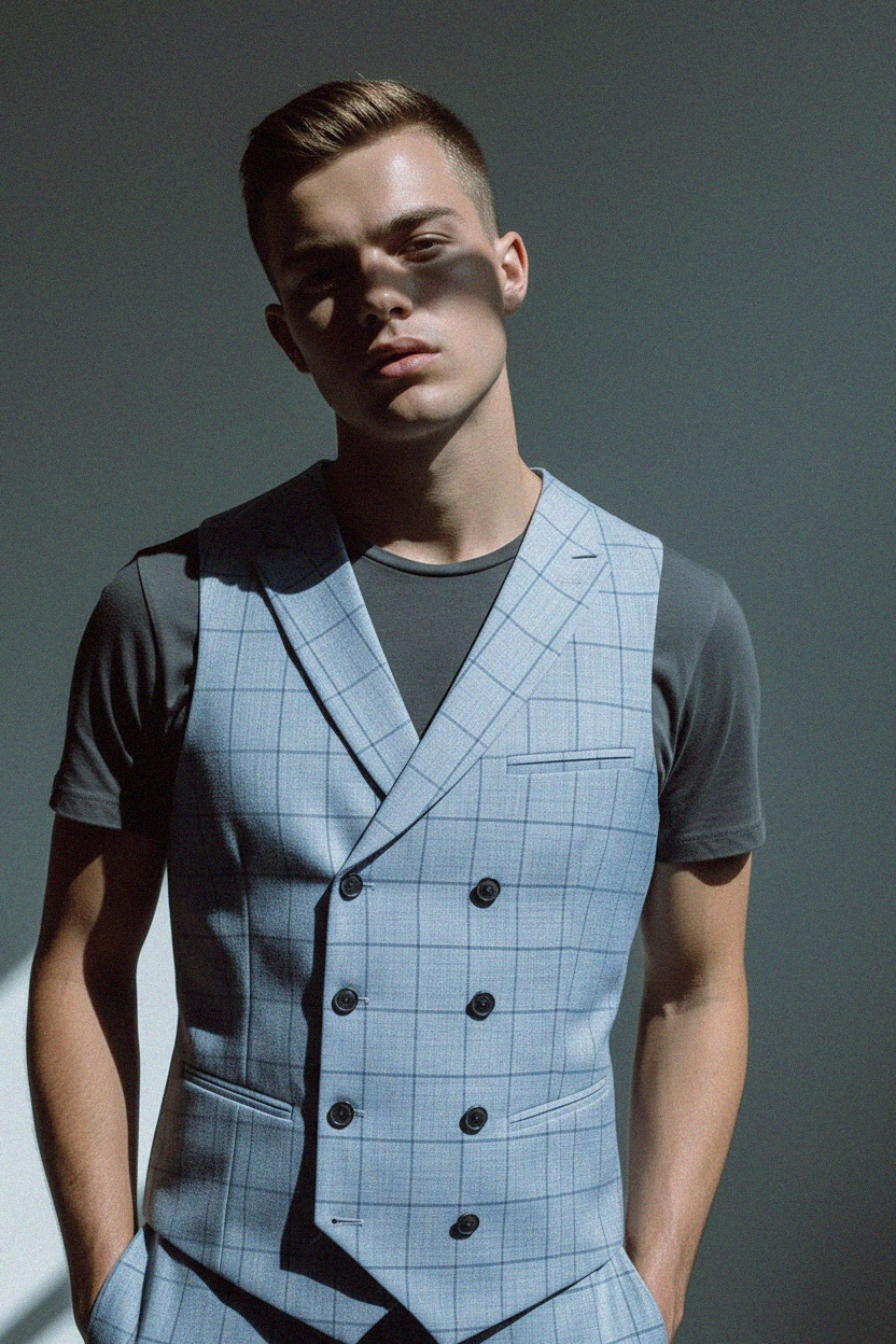 Niebieska kamizelka dwurzędowa w kratę zdjęcie 3