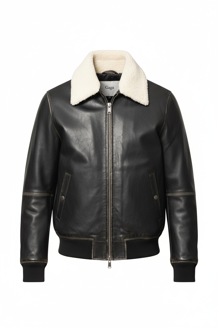 Classic Leather Bomber Jacket with Shearling Collar zdjęcie 1