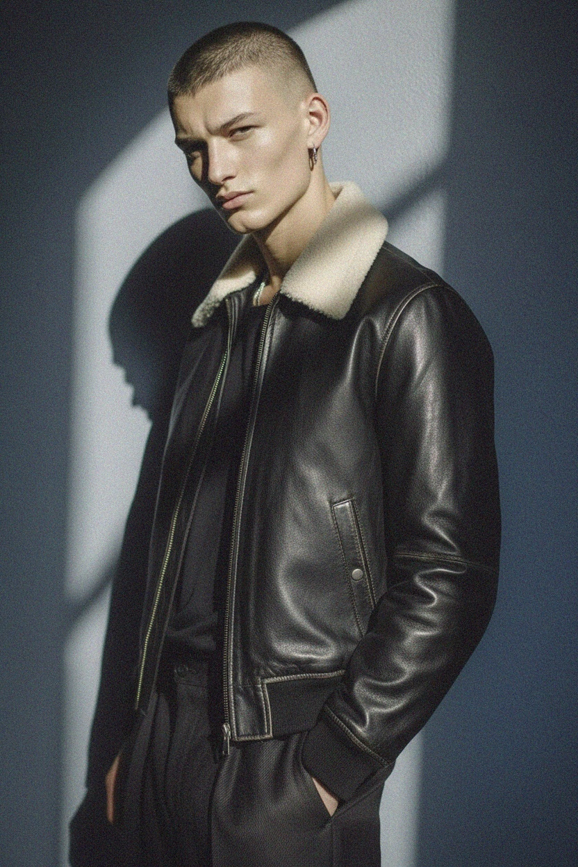 Classic Leather Bomber Jacket with Shearling Collar zdjęcie 2