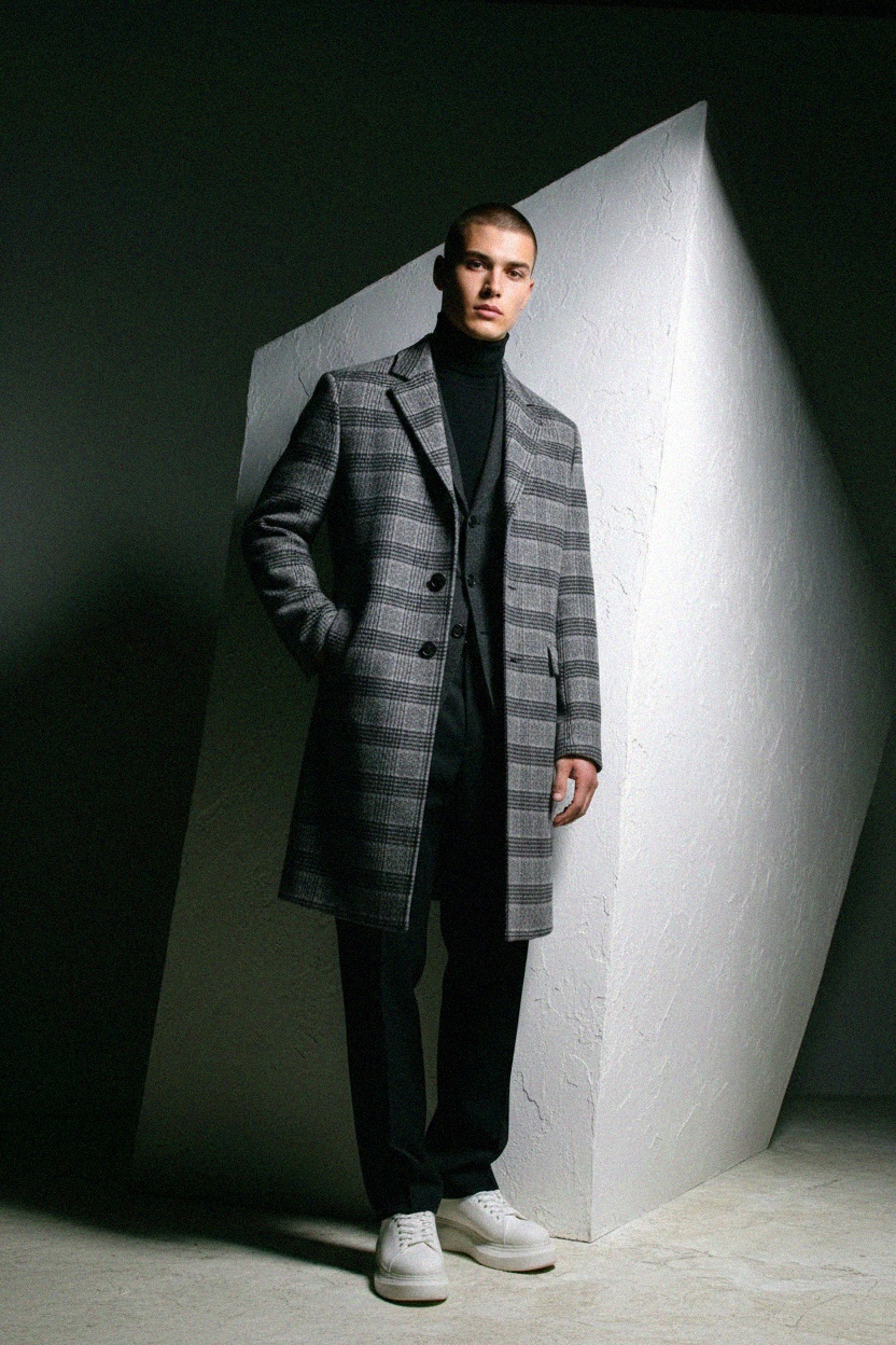 Stylish Grey Plaid Overcoat zdjęcie 2