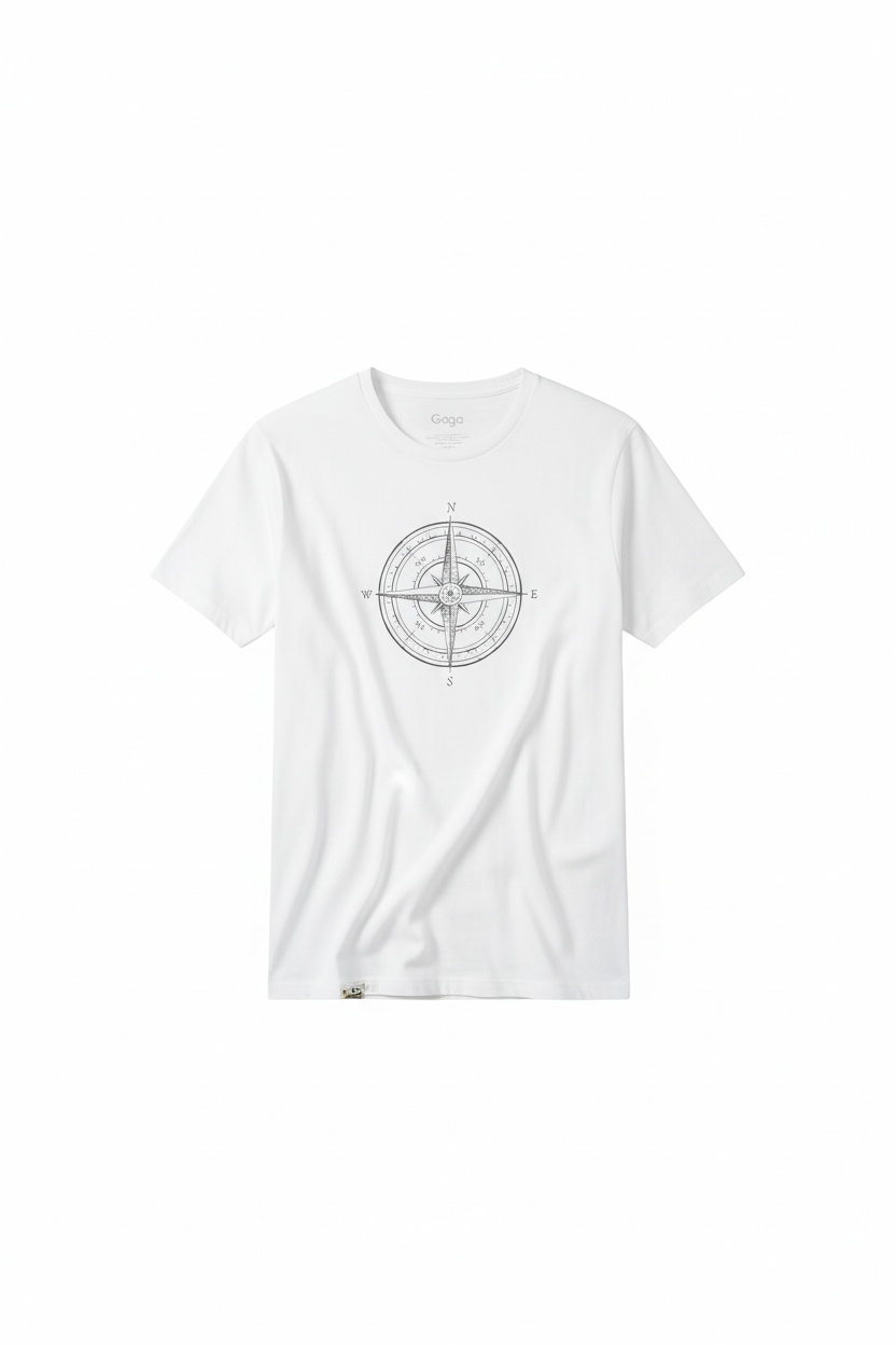 White T-shirt with Compass Graphic Print zdjęcie 1