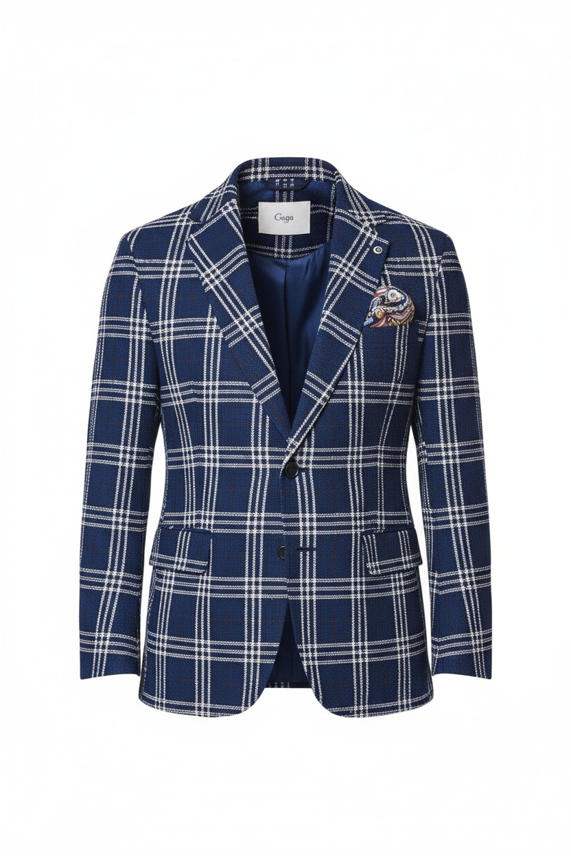 Textured Blue Plaid Blazer zdjęcie 1