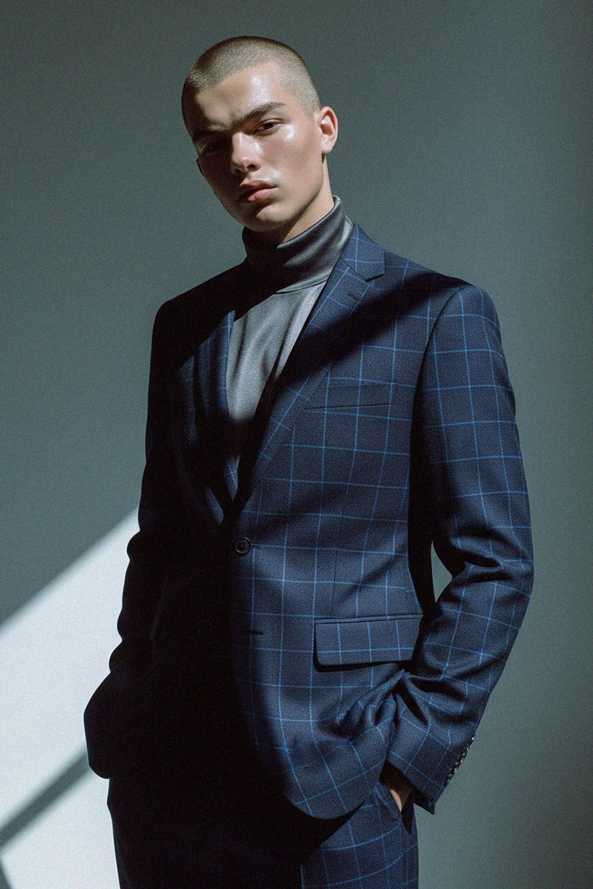 Niebieska marynarka w kratkę z wzorem siatki zdjęcie 3