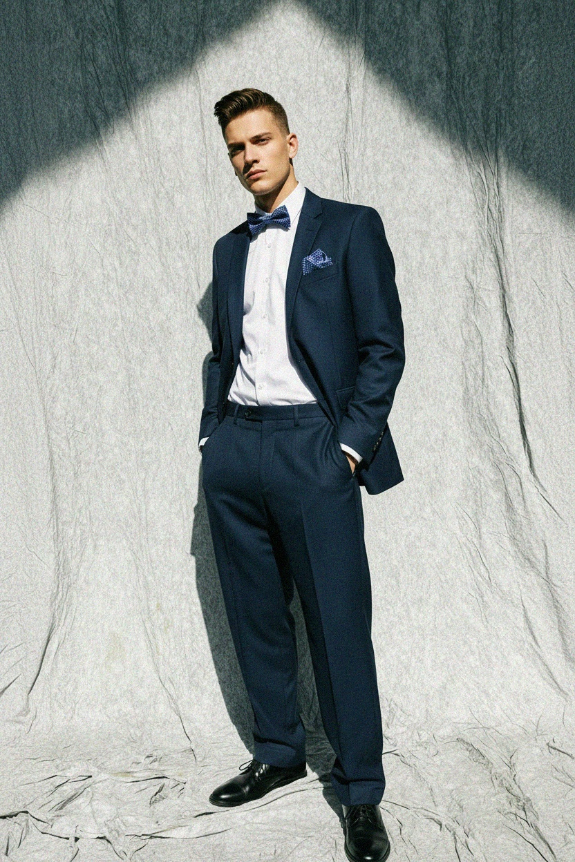 Blue Checkered Bow Tie and Matching Pocket Square Set zdjęcie 2