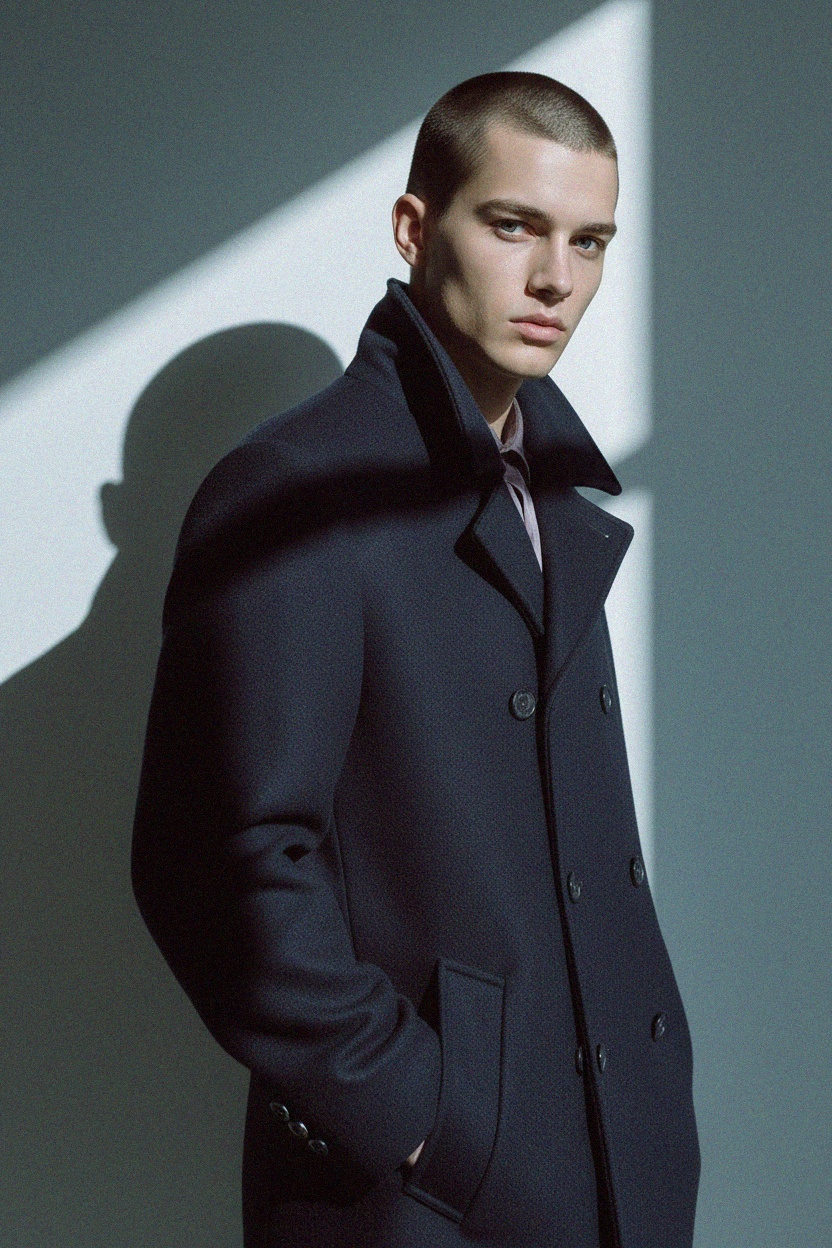 Granatowy dwurzędowy płaszcz z mieszanki wełny zdjęcie 3