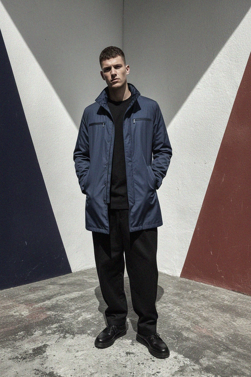 Classic Blue Mid-Length Coat with Zipper Details zdjęcie 2