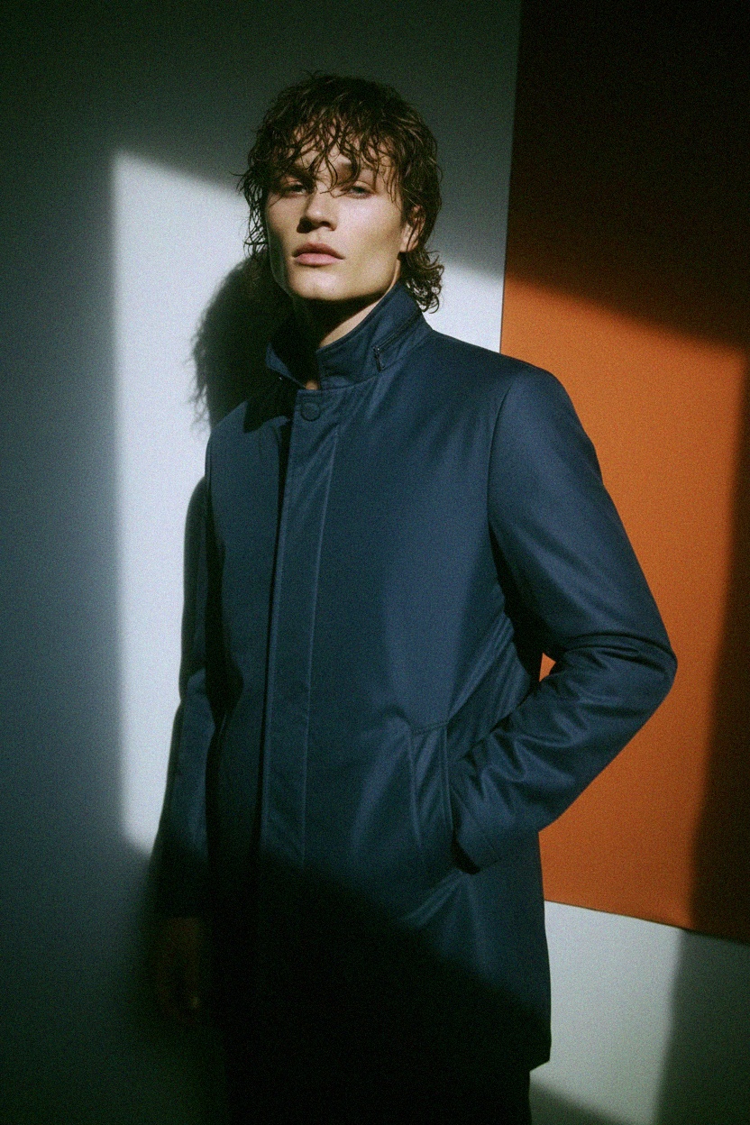 Klasyczny niebieski płaszcz średniej długości z detalami zamka zdjęcie 3