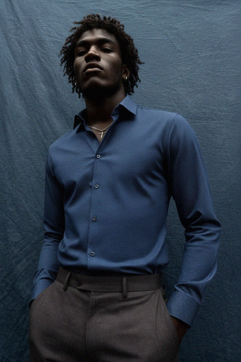 Blue Dotted Slim Fit Long Sleeve Shirt zdjęcie 2