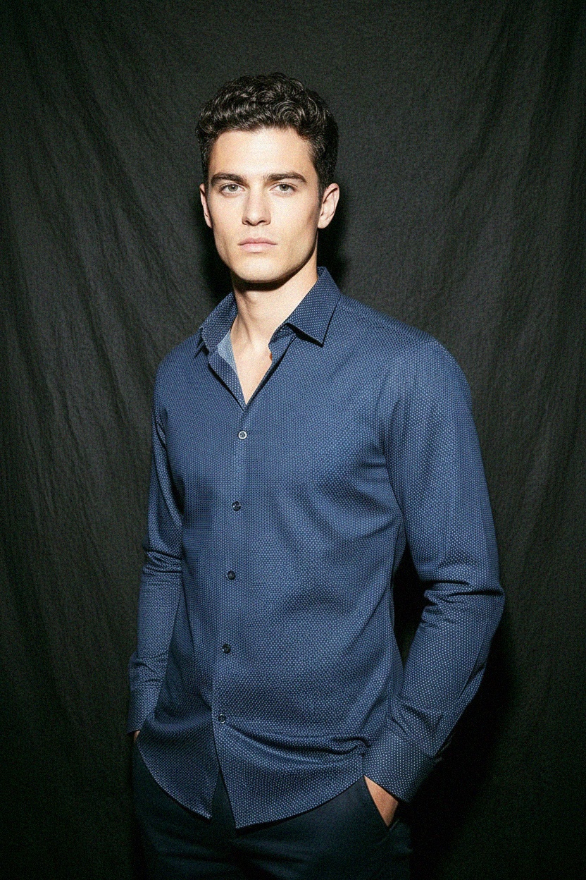 Niebieska koszula w kropki z długim rękawem i dopasowanym krojem zdjęcie 3