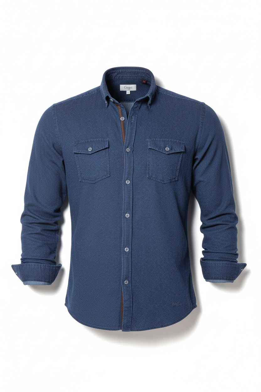 Textured Blue Button-Up Shirt with Dual Pockets zdjęcie 1