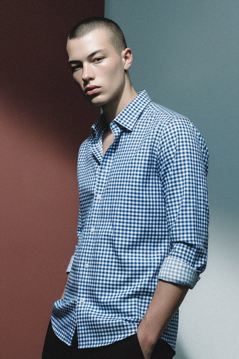 Koszula z długim rękawem w kratkę Gingham w kolorze niebieskim zdjęcie 3