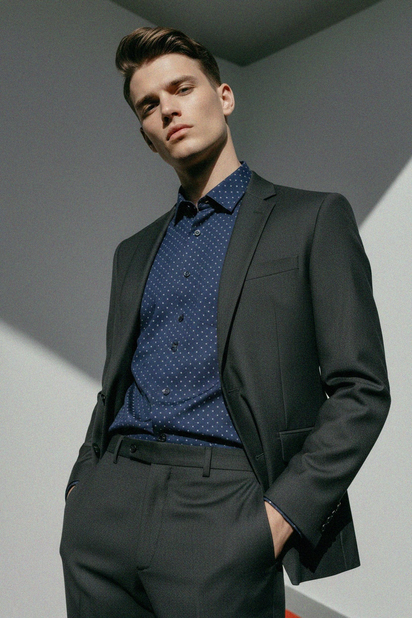 Stylowa niebieska wzorzysta koszula z długim rękawem zdjęcie 3