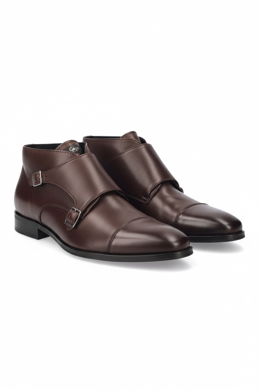 Elegant Brown Leather Double Monk Strap Ankle Boots zdjęcie 1