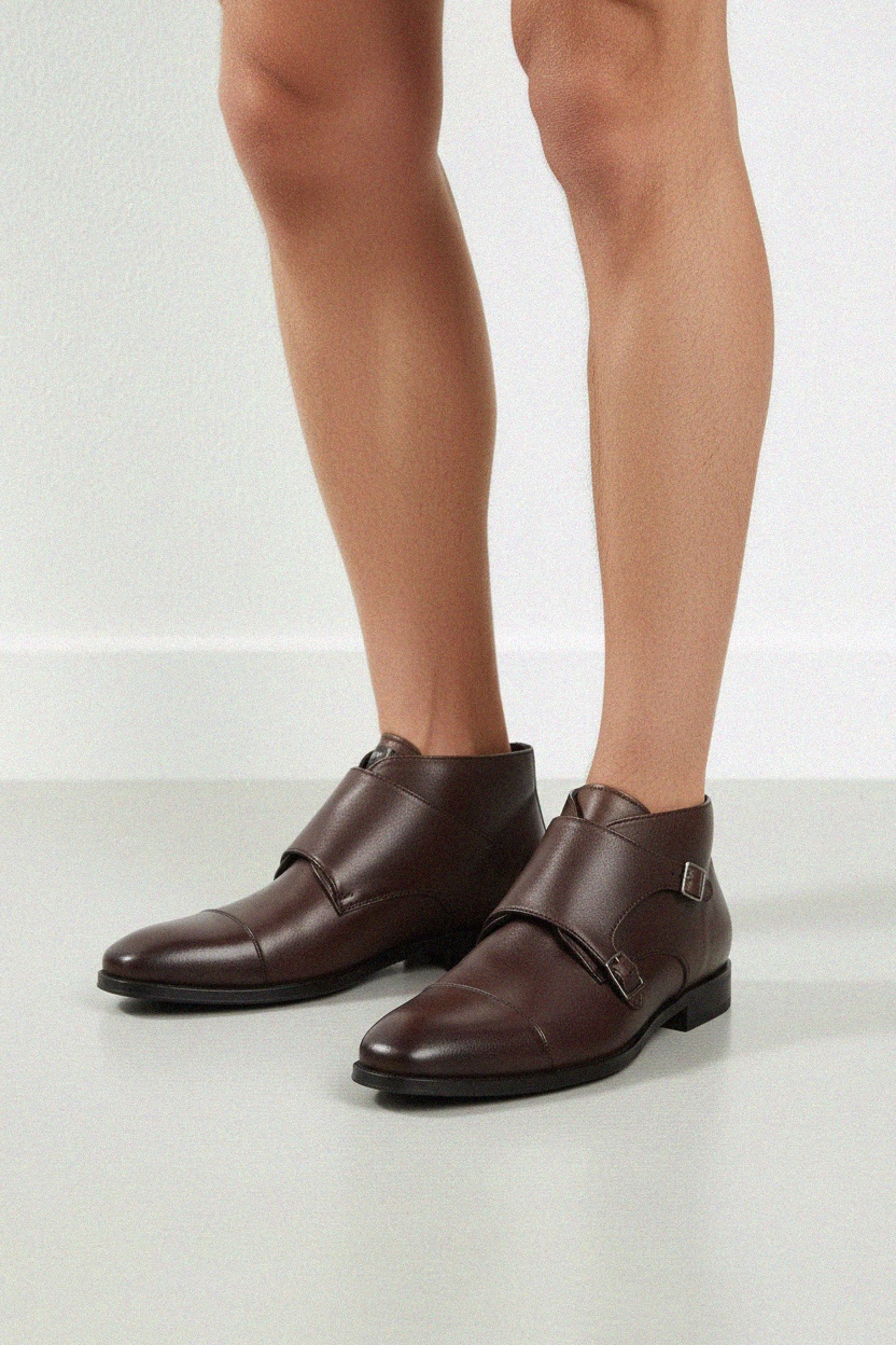 Elegant Brown Leather Double Monk Strap Ankle Boots zdjęcie 2
