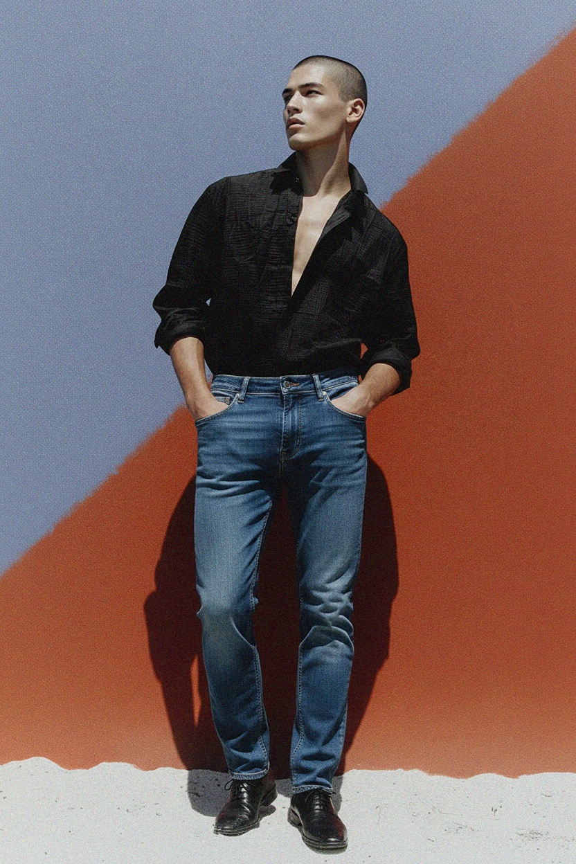 Klasyczne niebieskie dżinsy o dopasowanym kroju zdjęcie 3