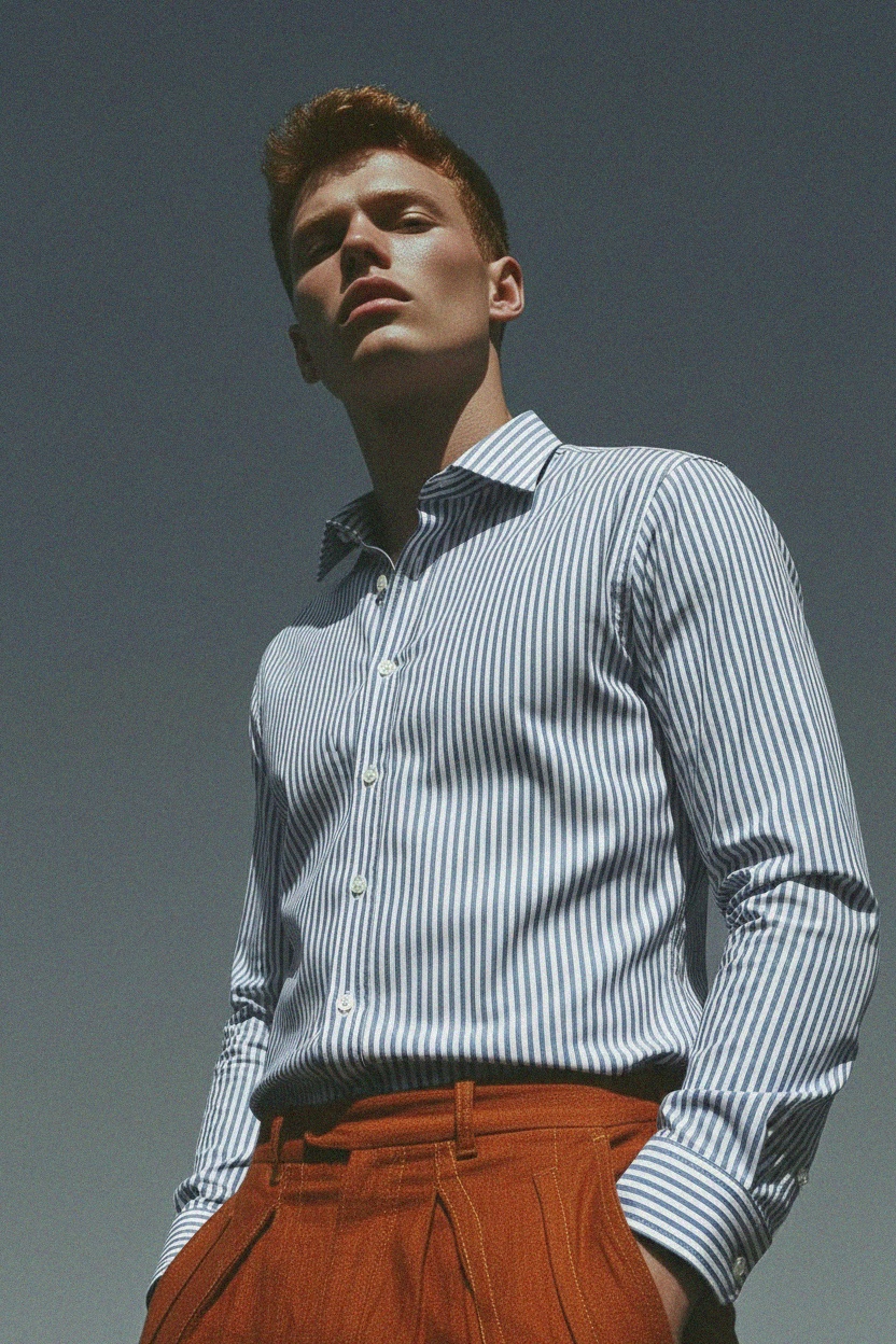 Klasyczna niebieska koszula w paski zapinana na guziki zdjęcie 2