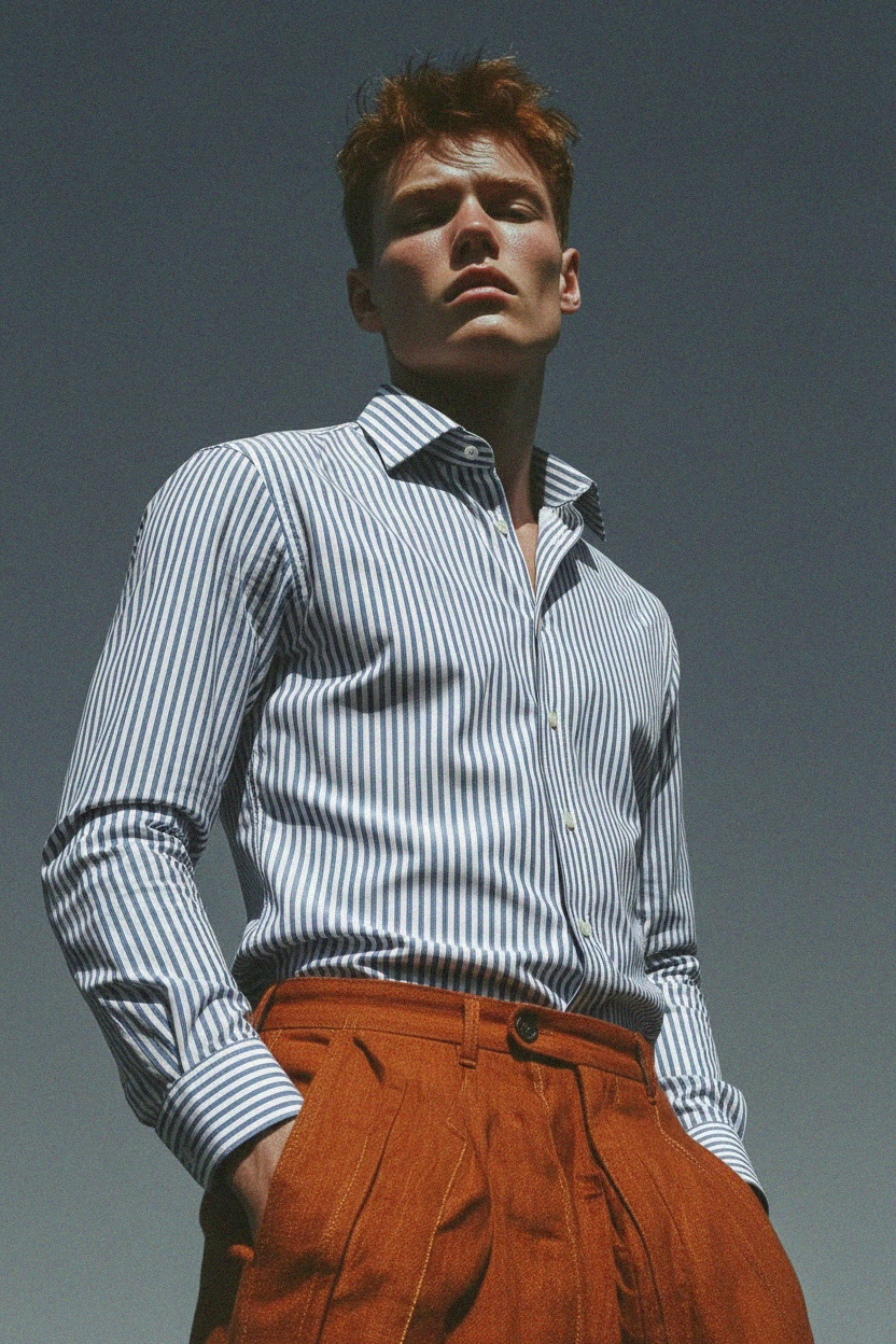 Klasyczna niebieska koszula w paski zapinana na guziki zdjęcie 3