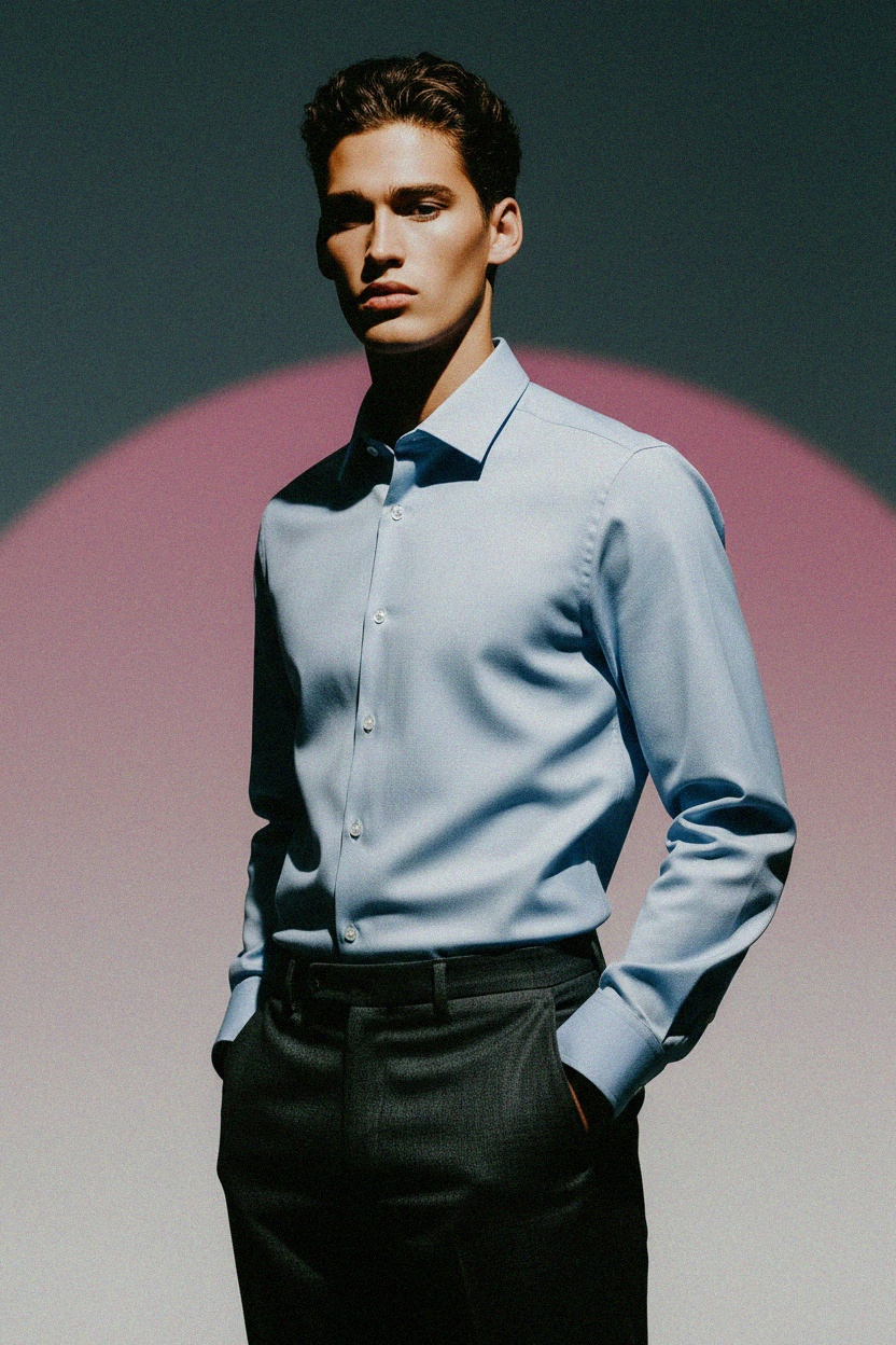 Klasyczna niebieska koszula z długim rękawem i kołnierzykiem zapinanym na guziki zdjęcie 2