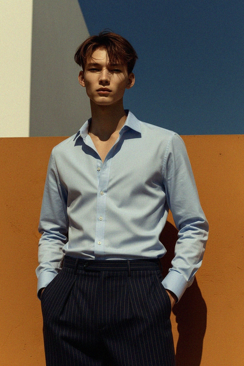 Klasyczna niebieska koszula z długim rękawem i kołnierzykiem zapinanym na guziki zdjęcie 3