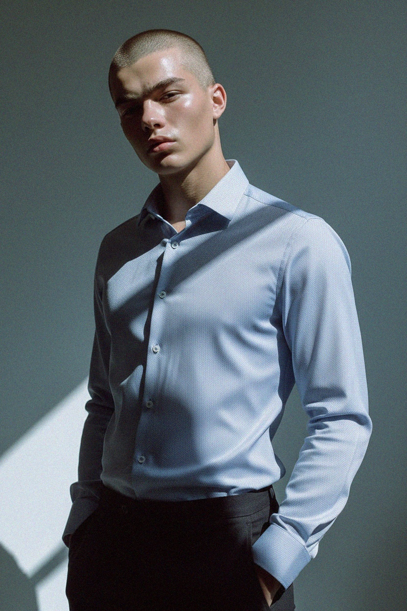 Blue Micro-Patterned Long Sleeve Shirt zdjęcie 2