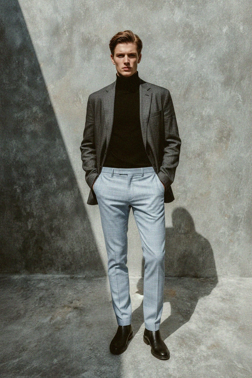 Jasnoniebieskie spodnie w kratę o dopasowanym kroju zdjęcie 2