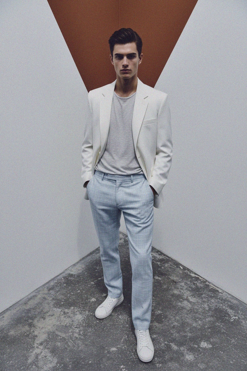 Jasnoniebieskie spodnie w kratę o dopasowanym kroju zdjęcie 3