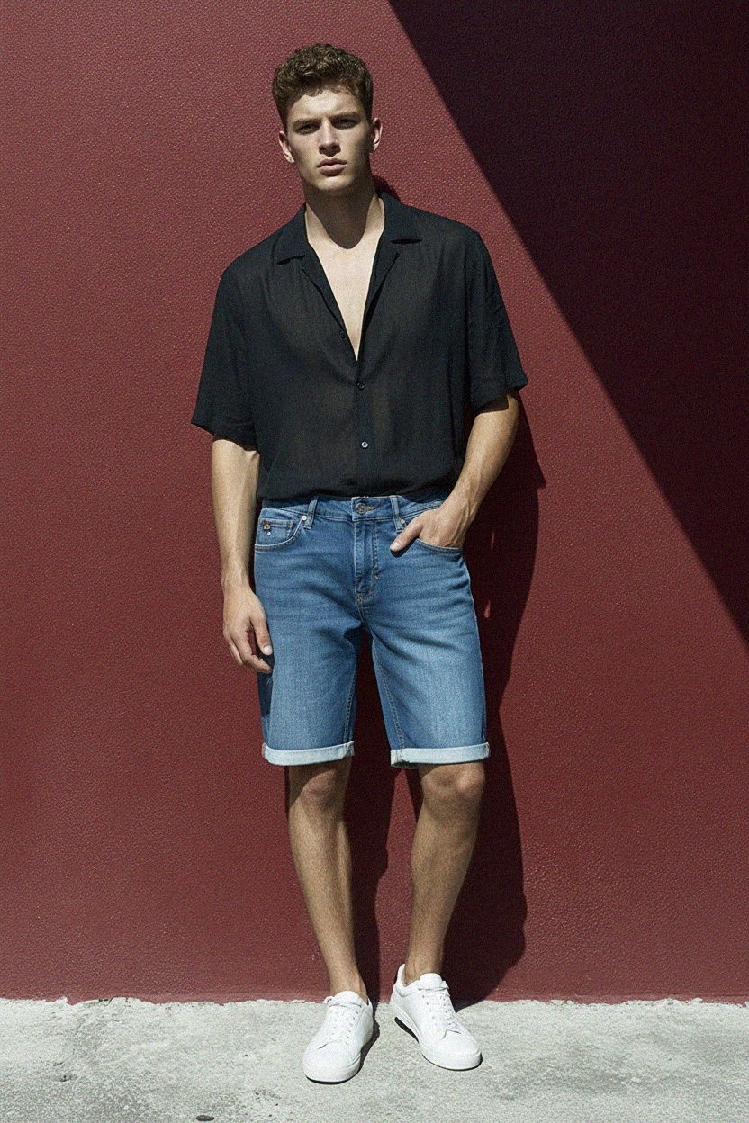 Klasyczne niebieskie szorty dżinsowe z mankietem u dołu zdjęcie 2