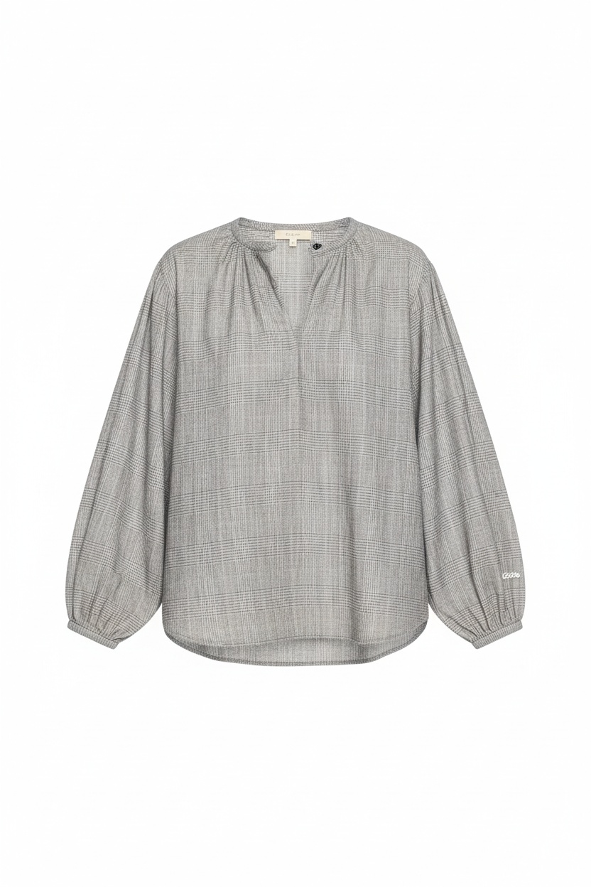 Bluzka w kratę z dekoltem w serek i marszczonymi rękawami zdjęcie 1