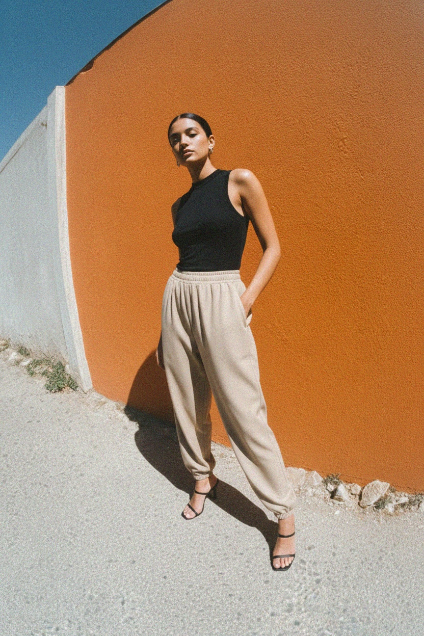 Beżowe, luźne, zwężane spodnie z elastycznymi mankietami zdjęcie 2